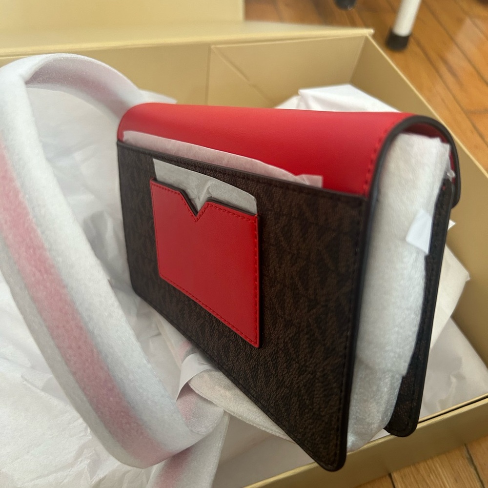 Michael Kors Jet Set Travel Small Flap Clutch Crossbody Bag (brown + red) - Picture 2 of 12